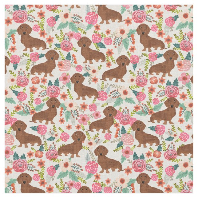 Tissu Chiens de Dachshund Crème vintage à fleurs (Fermer)