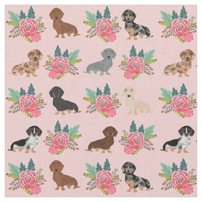 Tissu Chiens de Dachshund flore rose (Fermer)