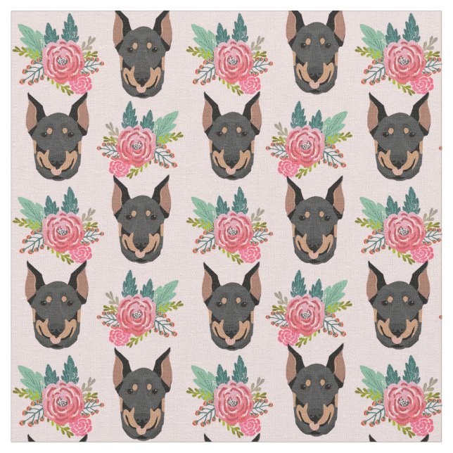 Tissu Chiens de Doberman floral rose (Fermer)