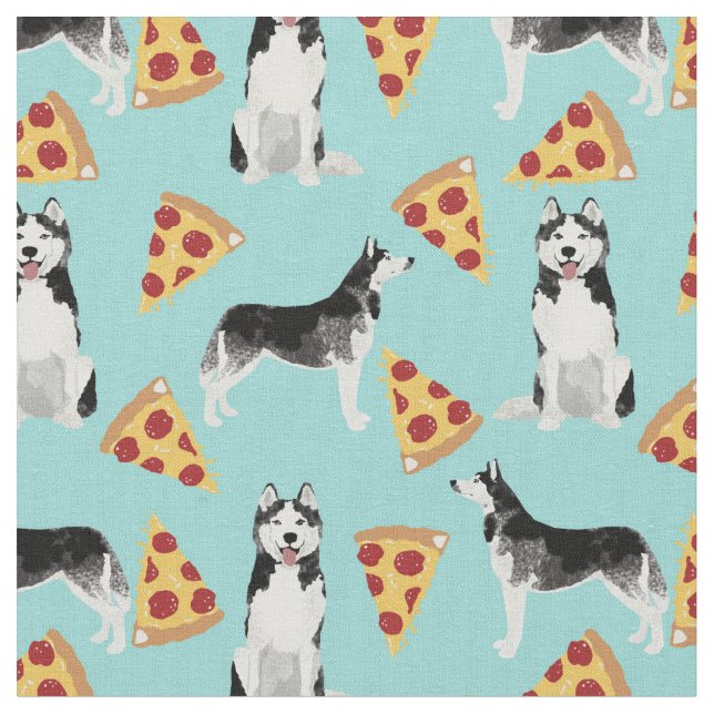 Tissu Chiens de Husky à pizza amoureux bleu clair (Fermer)