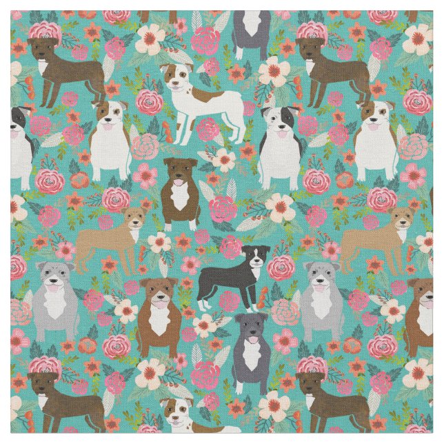 Tissu Chiens de Pitbull vintage floral turquoise (Fermer)