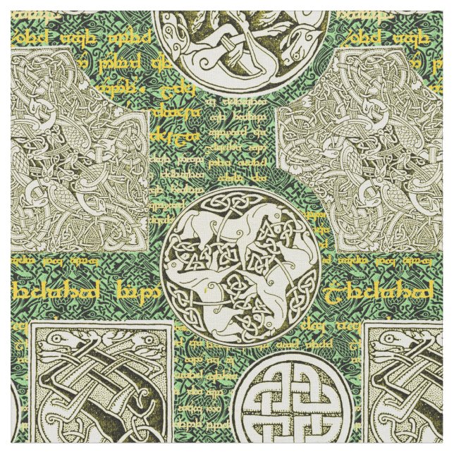 Tissu Chiens et chevaux celtiques en vert et or (Fermer)