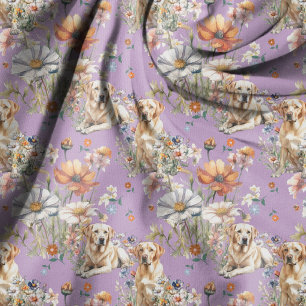 Tissu Chiens Labradors Jaunes et Motif de Fleurs Sauvage