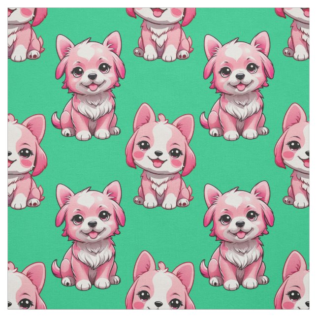 Tissu Chiens roses mignons - Vert  (Échantillon)