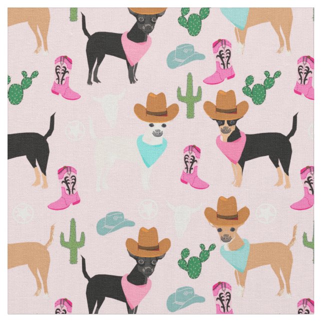 Tissu Chihuahua chiens cowgirl occidentale rose sud-oues (Fermer)