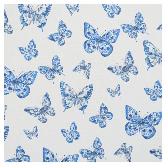 Tissu Chinoiserie Bleu Blanc Papillon (Échantillon)
