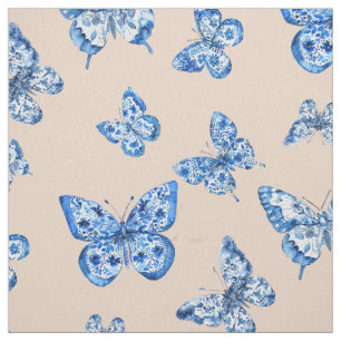Tissu Chinoiserie Bleu Blanc Papillon Bleu Arrière - pla