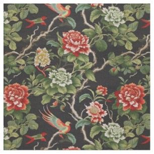 Tissu Chinoiserie florale verte rouge élégante