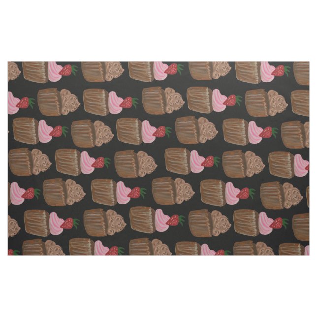 Tissu Chocolat Cupcake Motif de fraises Noir (Fat Quarter)