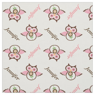 Tissu Chouette brun rose, fleurs & nom personnalisé
