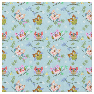 Tissu Chouettes adorables sur Arrière - plan bleu