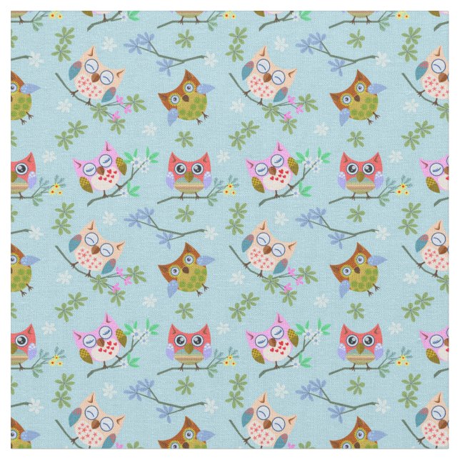 Tissu Chouettes adorables sur Arrière - plan bleu (Fermer)