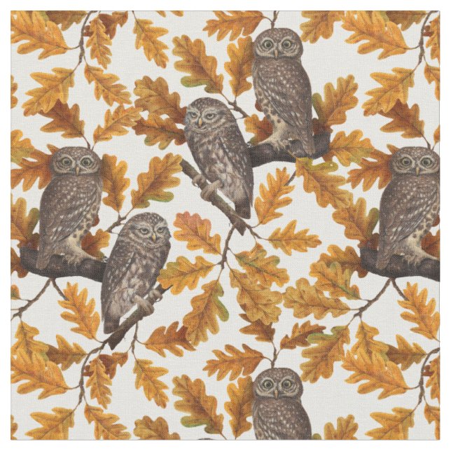 Tissu Chouettes d'automne sur coton blanc (Fermer)