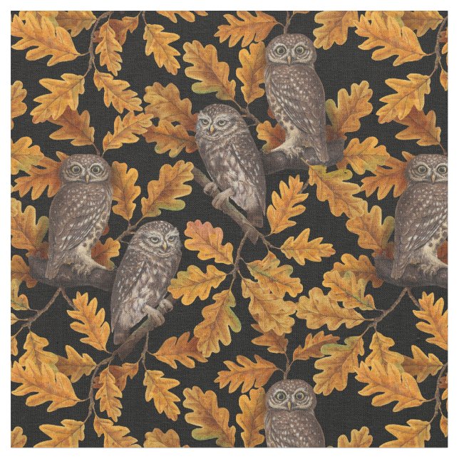 Tissu Chouettes d'automne sur noir (Fermer)