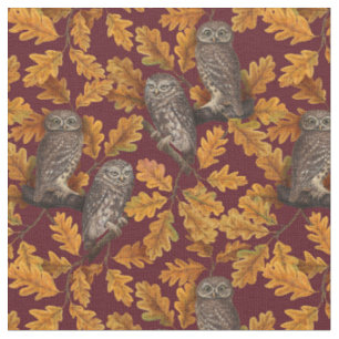 Tissu Chouettes d'automne sur rouge foncé