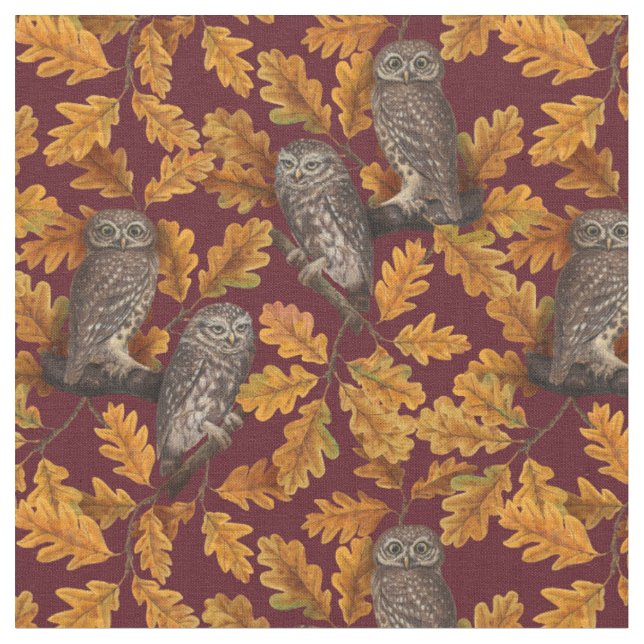 Tissu Chouettes d'automne sur rouge foncé (Fermer)