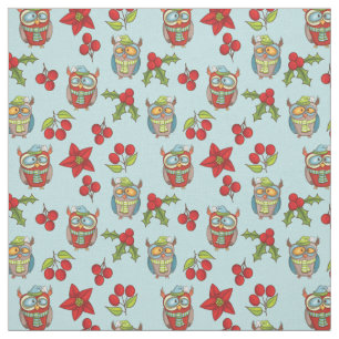 Tissu Chouettes soies Noël Fruits de Noël Baies blanches