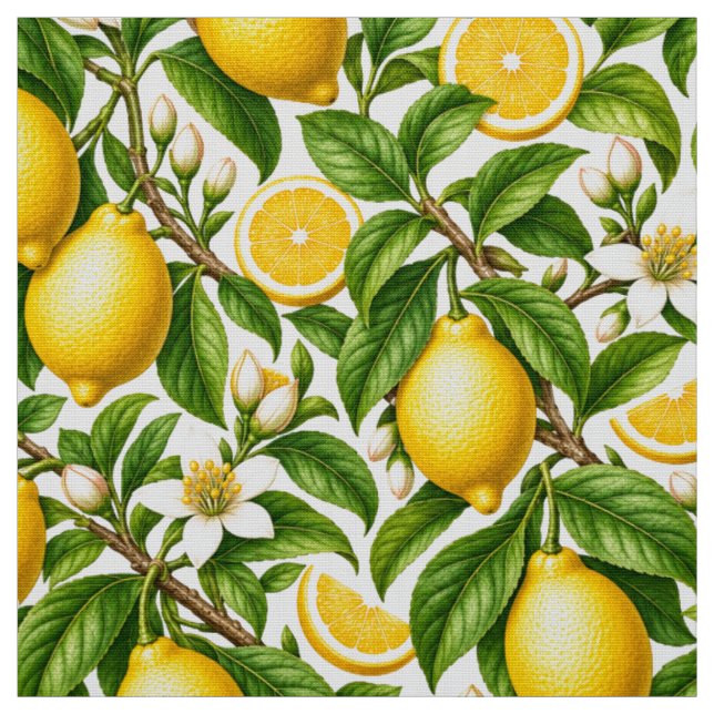 Tissu Citrons botaniques et fleurs blanches (Échantillon)