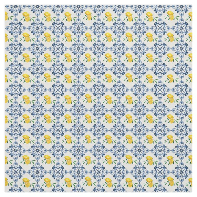 Tissu Citrons & Motif bleu carrelage marocain (Échantillon)