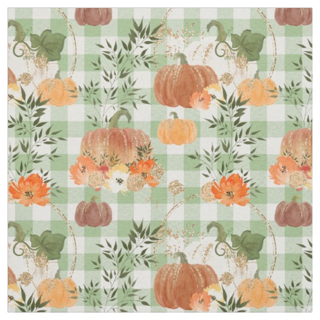 Tissu Citrouilles d'aquarelle sur En vichy vert (Échantillon)
