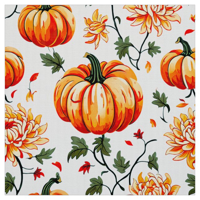 Tissu Citrouilles d'automne et chrysanthèmes (Échantillon)