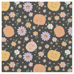 Tissu Citrouilles d'Halloween rétro et Motif de fleurs