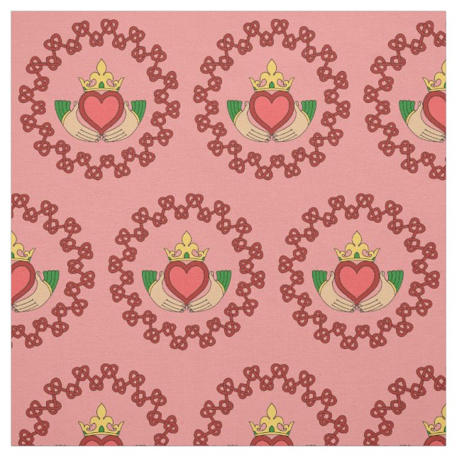Tissu Claddagh et Knotwork rouge sur le rose (Échantillon)