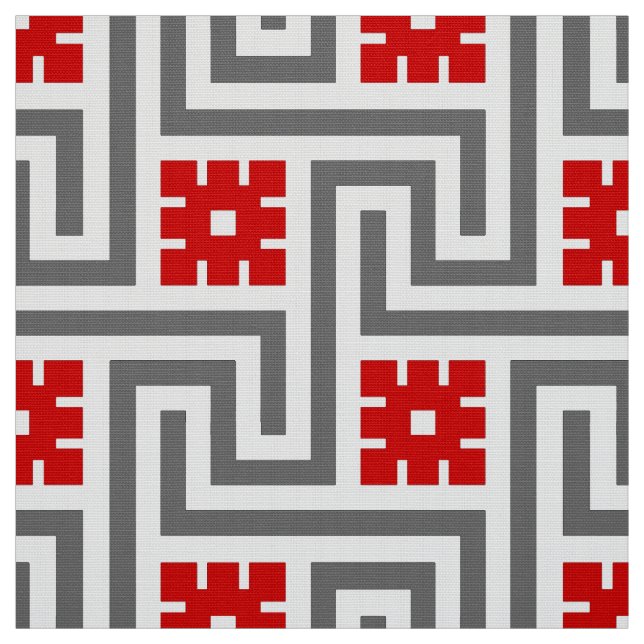 Tissu Clé de Deco, rouge, blanc grecs et gris/gris (Échantillon)