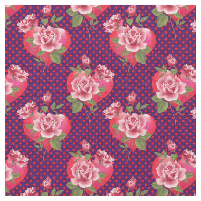 Tissu Coeurs et Roses roses sur pourpre émaillé | Valent (Fermer)