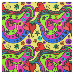 Tissu Coeurs ethniques mexicains jaune motif rouge abstr