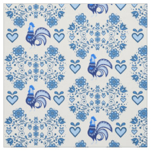 Tissu Coeurs folk Rooster/Cockerel/floral bleu, coeurs 4