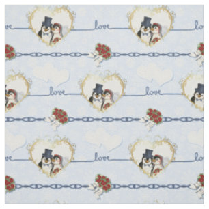 Tissu Coeurs Mariages de pingouins sur bleu