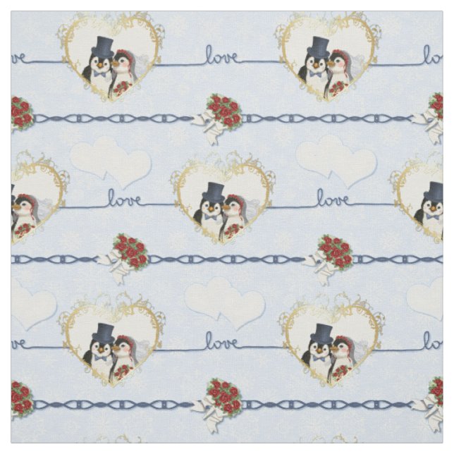 Tissu Coeurs Mariages de pingouins sur bleu (Échantillon)