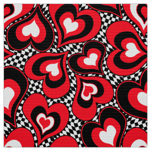 Tissu Coeurs, rouge, noir, blanc