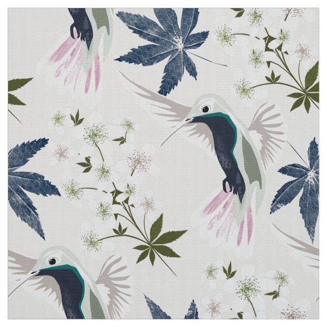 Tissu Colibris et fleurs blanches. (Échantillon)