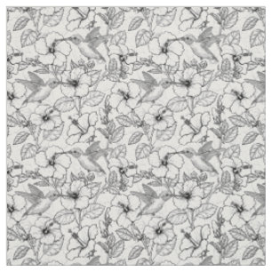 Tissu Colibris et fleurs d'hibiscus b&w
