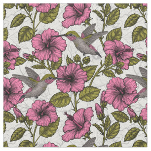 Tissu Colibris et fleurs d'hibiscus roses
