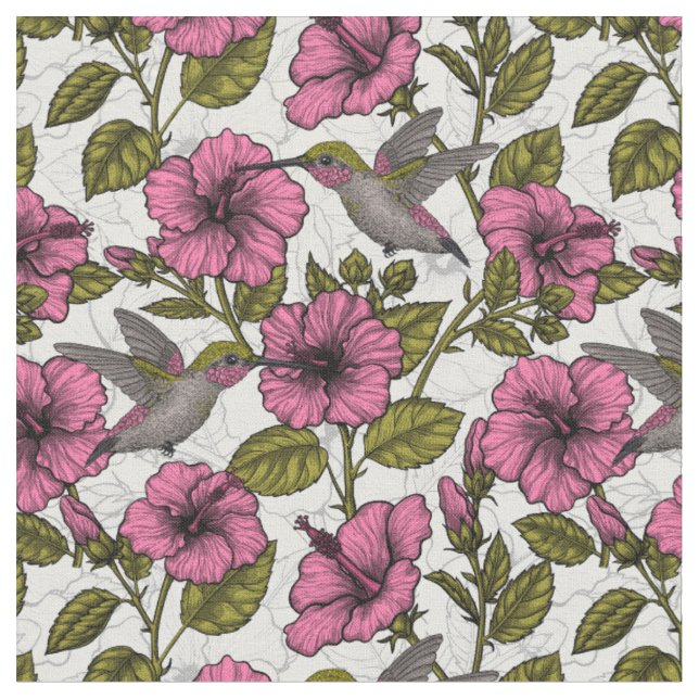Tissu Colibris et fleurs d'hibiscus roses (Fermer)