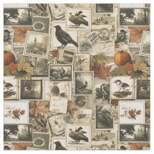 Tissu Collage Ephémère d'automne vintage   Oiseaux rusti