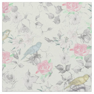 Tissu Collage floral d'oiseaux de Monnaie Blanche Vintag