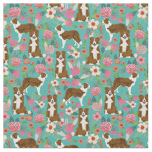 Tissu collie brun chien vintage floral turquoise