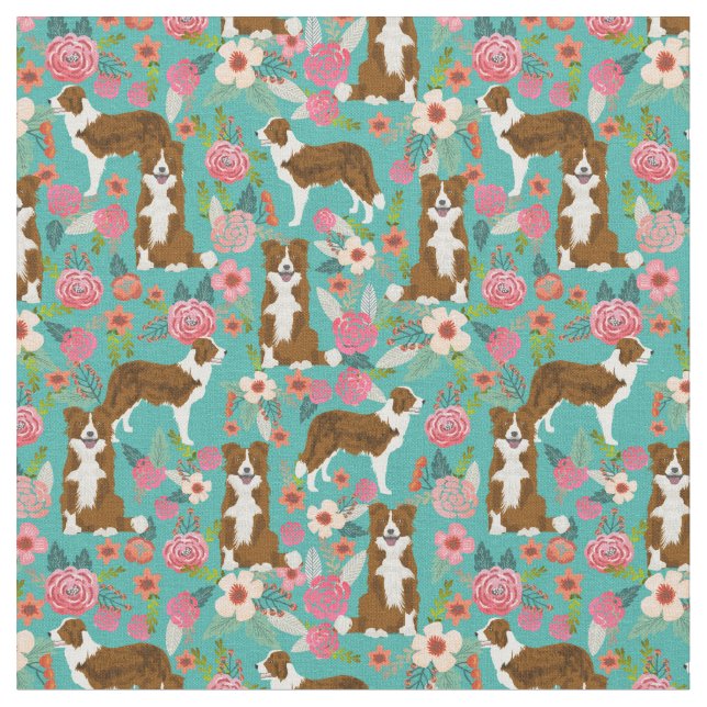 Tissu collie brun chien vintage floral turquoise (Fermer)