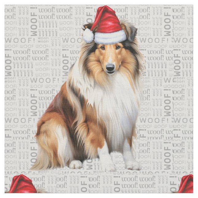 Tissu Collie Dog sur Grey Woof Art Noël (Fermer)