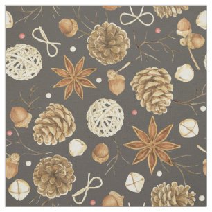 Tissu Cônes de pin automnaux de forêt aquarelle rustique