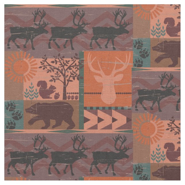Tissu Copie rustique d'automne de forêt avec des animaux (Fermer)