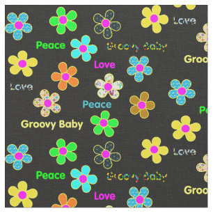 Tissu Copie super psychédélique noire des fleurs 60s