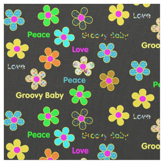 Tissu Copie super psychédélique noire des fleurs 60s (Fermer)