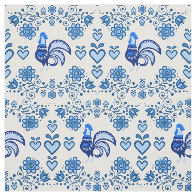 Tissu Coq folk/Cockerel bleu/bleu floral, coeurs/4" (Échantillon)