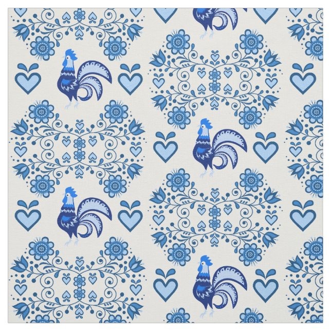 Tissu Coq folk/Cockerel/floral bleu, coeurs 4" (Échantillon)