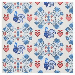 Tissu Coq folk/Cockerel /floral bleu/rouge, coeurs 4"